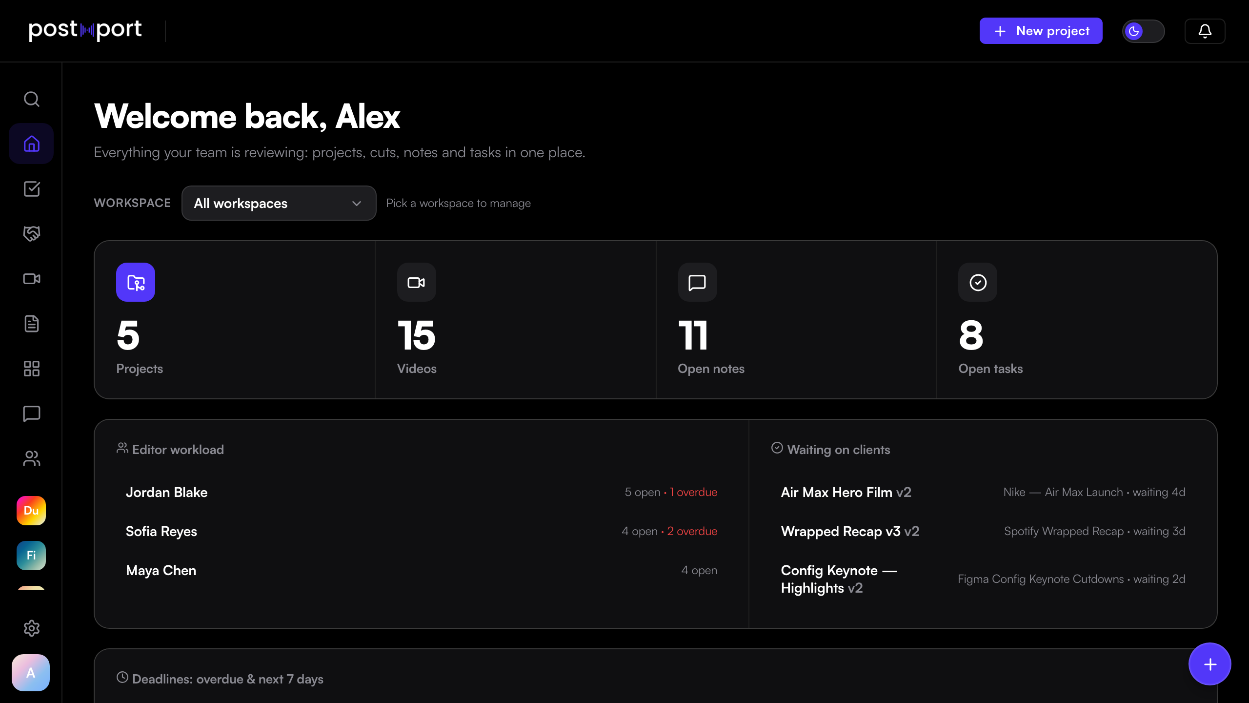 The PostXport dashboard: editor workload, clients and deadlines in one workspace