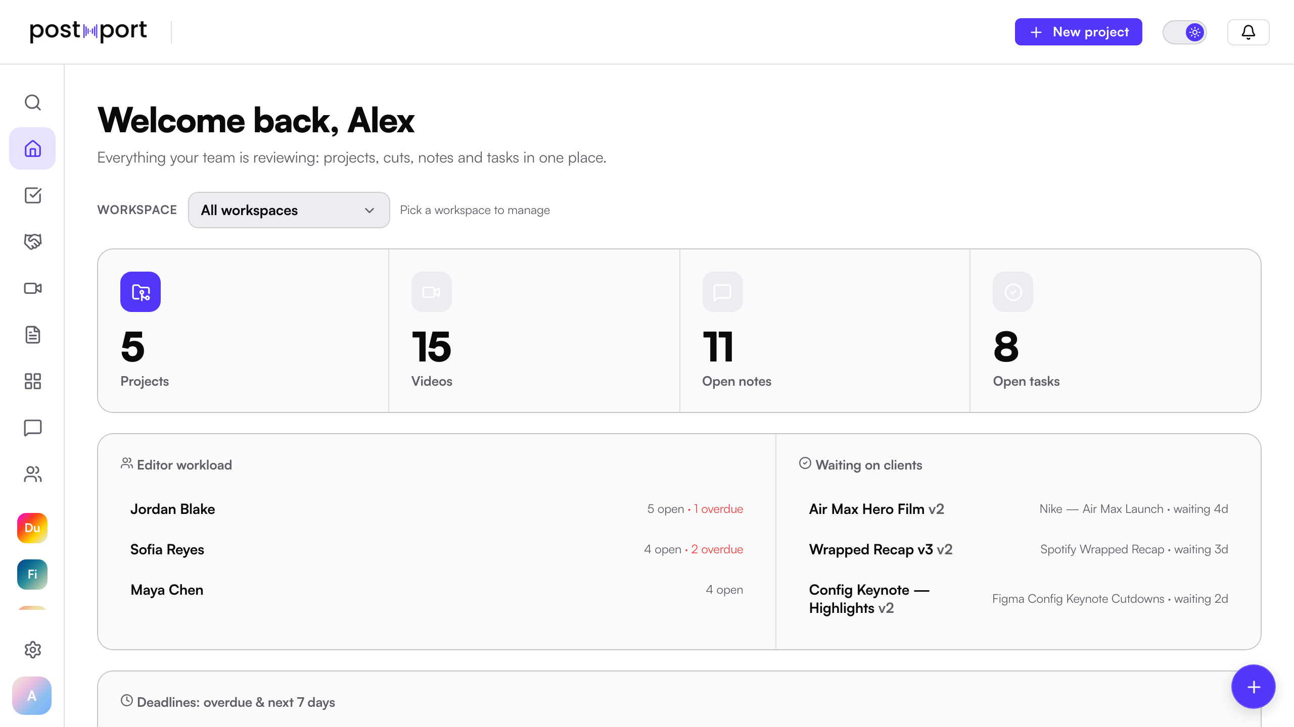 The PostXport dashboard: editor workload, clients and deadlines in one workspace